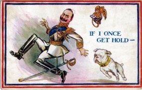 A WWI propaganda postcard showing a British bulldog chasing  a terrified Kaiser