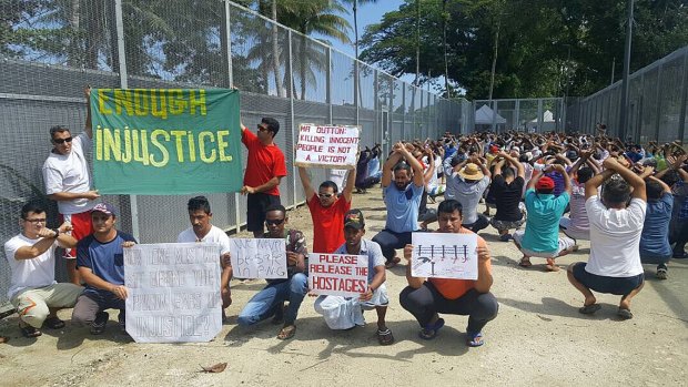 Refugees and asylum seekers during a protest at the Manus Island centre.