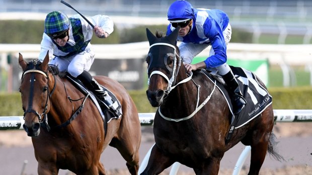 The greatest: Winx surges past Red Excitement in the Chelmsford Stakes. 