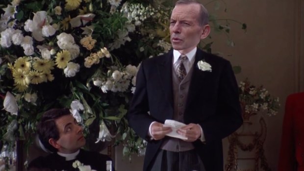 Awkward: Tony Abbott replaces Hugh Grant in <i>Four Weddings and A Funeral with Tony Abbott</i>.