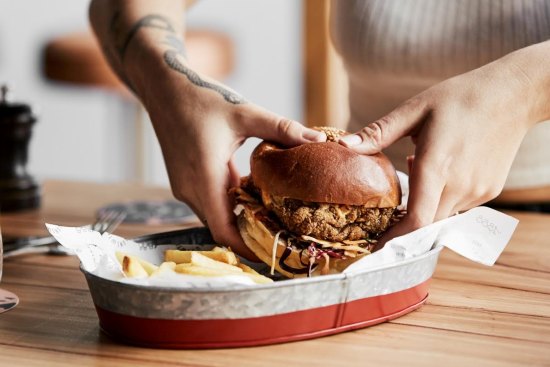 Fried chicken burger with fries at the East Brunswick Hotel.