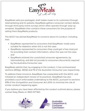 The corrective notice on the EasyMeals website must remain visible for 60 days.