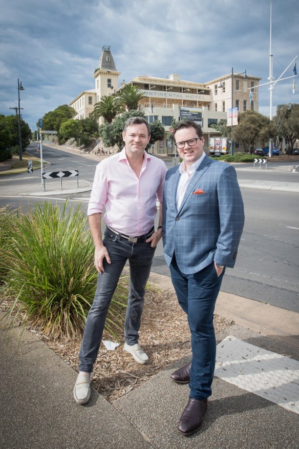Developer Julian Gerner (left) with Nicholas Smedley, of the Steller property group, in front of the Continental Hotel in Sorrento.
