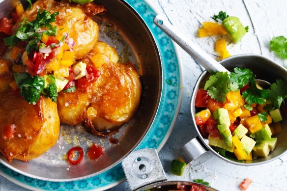 Adam Liaw's squashed potatoes with avocado salsa.