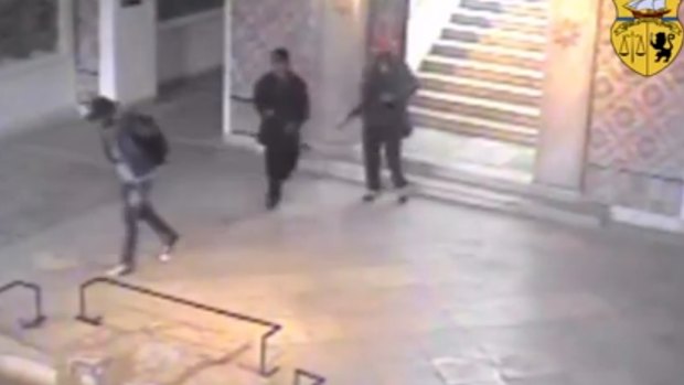 Gunmen walking through the National Bardo museum during the attack that killed 21 people in March.