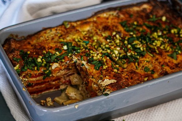 Strained yoghurt (labna), zaatar and aleppo pepper add a Middle Eastern twist to vegetarian lasagne.