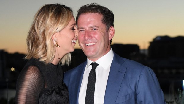 Karl Stefanovic and Jasmine Yarbrough at Harper's Bazaar Australia's 20th anniversary edition party on Tuesday night at Matt Moran's Smoke rooftop bar in Barangaroo.