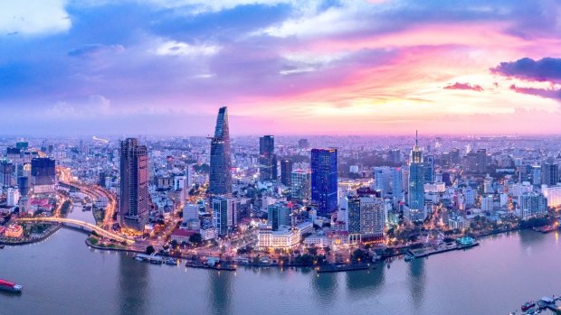 The Ho Chi Minh City skyline and Saigon River. 