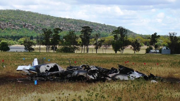 The wreckage of the plane in which Peter and Angela Menegazzo and two pilots died.