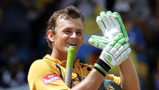 Adam Gilchrist celebrates his century in the 2007 World Cup final.