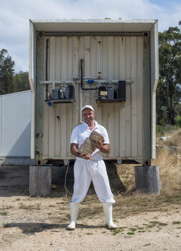 Ian Fowler outside his Tasmanian cheese "factory" - a shipping container.