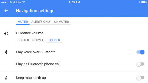 You wouldn't think that something like guidance volume would matter, but if you're driving around in a car with weird speakers, it's nice that Google gives you a lot of options.