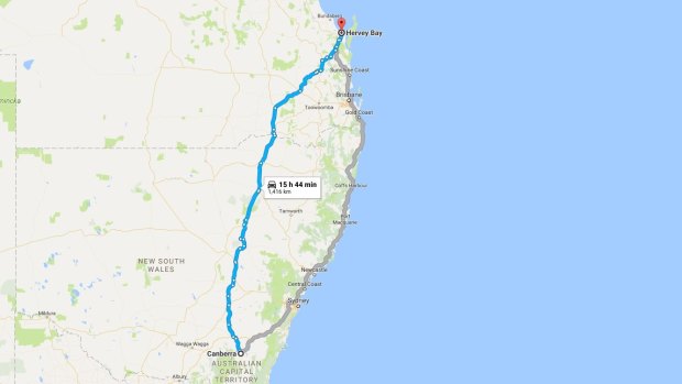 A Google Maps prediction of the likely route taken through Kingaroy to Hervey Bay by the tiny home and its thief.