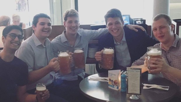 Happier times: Alex Hawke staffer Dimitry Palmer (second from left), NSW Young Liberals president Alex Dore (centre) and vice-president Dean Shachar (far right) earlier in the year.