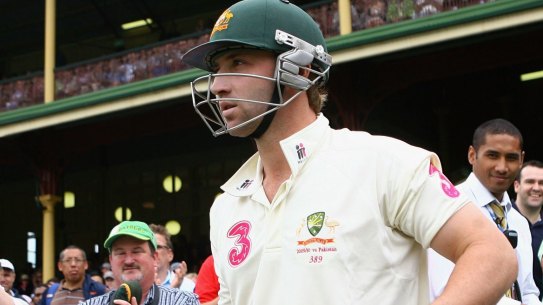 Phillip Hughes walks out to bat in a Test  at the SCG in 2010. 