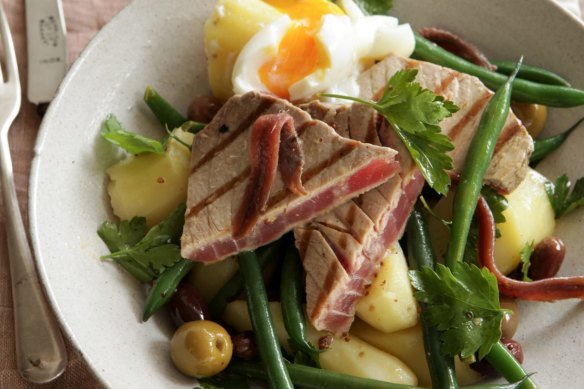 Warm nicoise salad with seared tuna.