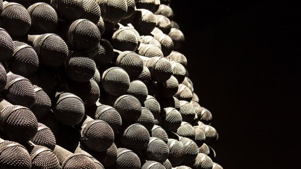 Shilpa Gupta's <i>Untitled</i>, 2012, is a sculpture made from hundreds of microphones, with a soundtrack of stories.