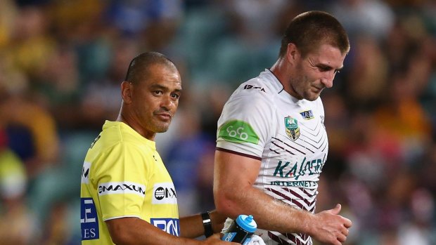 Bad memories: Kieran Foran had a horrid night at Pirtek Stadium 12 months ago when he suffered a hamstring injury while playing for Manly.
