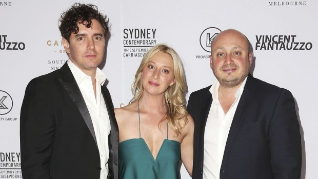 Vincent Fantauzzo and Asher Keddie with property developer Larry Kestelman.