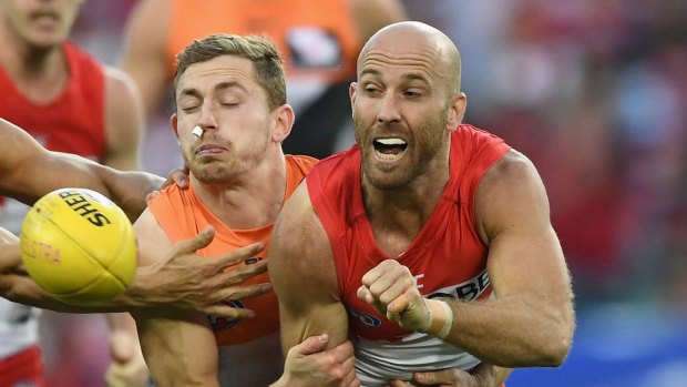 Jarrad McVeigh in action for the Swans against the Giants on Saturday.