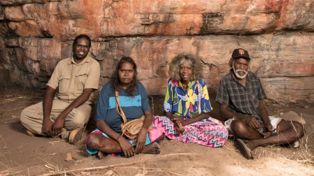Traditional owners Simon Mudjandi, Rosie Mudjandi, May Nango and Mark Djanjomerr at the Kakadu rock shelter where Australian history has been re-written.