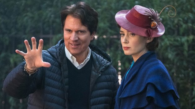 Rob Marshall and Emily Blunt on the set of Mary Poppins Returns. 