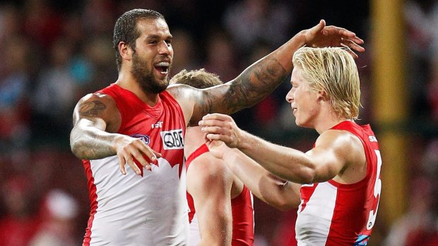 SYDNEY, AUSTRALIA - MAY 07:  Lance Franklin of the Swans celebrates with team mate Isaac Heeney after kicking a goal during the round seven AFL match between the Sydney Swans and the Essendon Bombers at Sydney Cricket Ground on May 7, 2016 in Sydney, Australia.  (Photo by Brendon Thorne/AFL Media/Getty Images) SYDNEY, AUSTRALIA - MAY 07: Lance Franklin of the Swans celebrates with team mate Isaac Heeney after kicking a goal during the round seven AFL match between the Sydney Swans and the Essendon Bombers at Sydney Cricket Ground on May 7, 2016 in Sydney, Australia. (Photo by Brendon Thorne/AFL Media/Getty Images)

--------------------------------------------------------------------------------