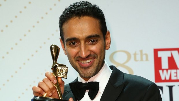 <i>The Project</i>'s Waleed Aly poses with the Gold Logie.