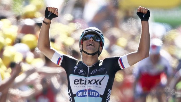 Zdenek Stybar of the Czech Republic crosses the finish line to win the sixth stage of the Tour de France in Le Havre, France.