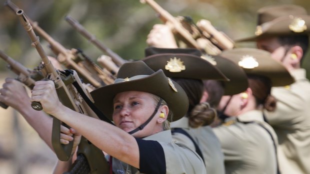 Australian Army soldiers fire a final salute during the funeral service for the late Major General 'Digger' James.