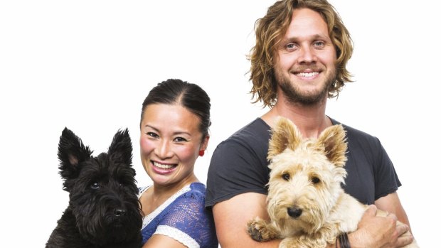TV celebrity chef Poh Ling Yeow and new husband Jono Bennett with their Scotties Rhino and Tim from SBS TV show <i>Poh & Co</i>.