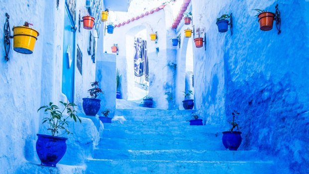 The narrow corridors and vivid blue of the medina,
or old city.