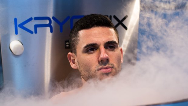Socceroo Tom Rogic in a mobile cryotherapy chamber ahead of the World Cup qualifier against Honduras. 