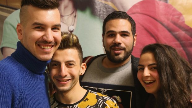 From left: Gay Syrian refugees Steve, Auz and Enana, with Egyptian Moe (second from right), in Berlin, Germany, are fleeing war and persecution in their home countries. 