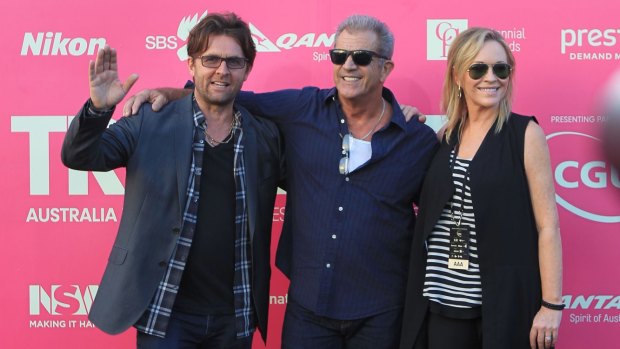 Founder John Polson with actors Mel Gibson and Rebecca Gibney at Tropfest in Centennial Park.