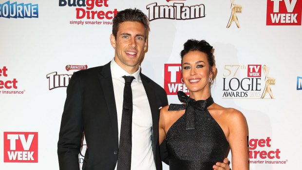 Shaun Hampson and Megan Gale arrive at the 57th Annual Logie Awards at Crown Palladium on May 3, 2015 in Melbourne, Australia.
