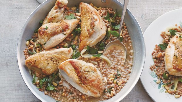 Sherry and tarragon chicken with pearl couscous.