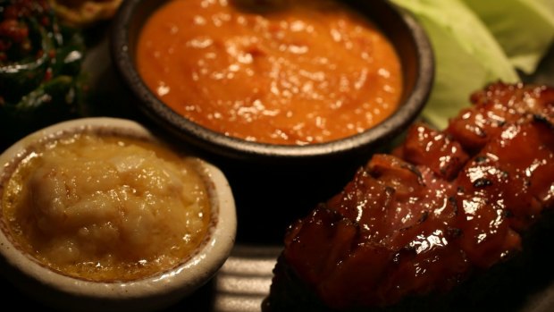 Cape Grim short rib, spicy ssam sauce, fresh kim chi and mashed confit garlic.