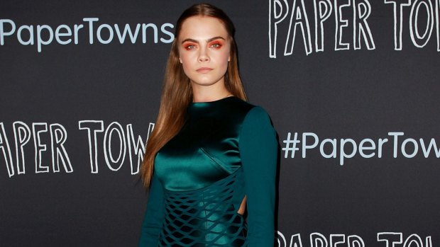Cara Delevingne wears Dion Lee at the Australian premiere of 'Paper Towns' at Miranda Westfield in Sydney.