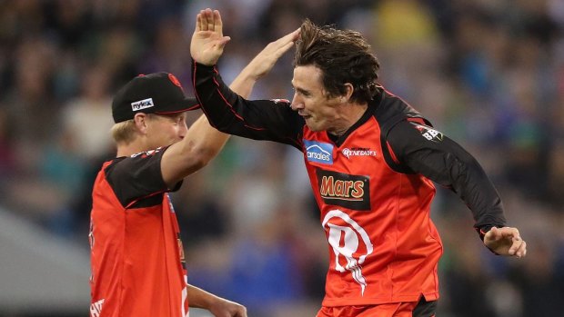 Brad Hogg celebrates after taking the wicket of David Hussey.