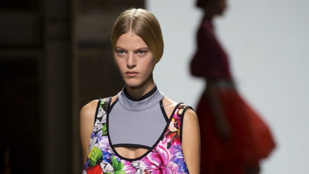 A model wears a look from the Mary Katrantzou show at London Fashion Week. 