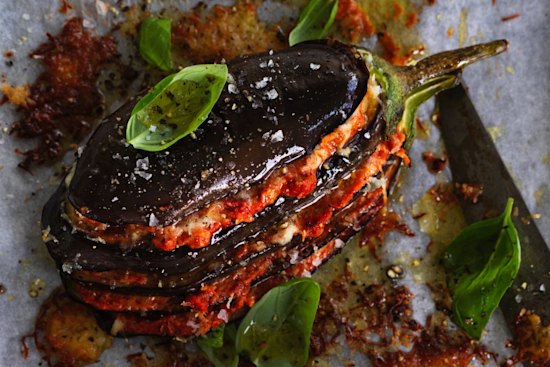 Baked eggplant layered with haloumi and  muhammara.