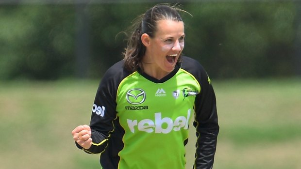 SYDNEY, AUSTRALIA - DECEMBER 27: Erin Osborne of the Thunder celebrates taking the wicket of Rachel Priest of the Renegades during the WBBL match between the Thunder and Renegades at Blacktown International Sportspark on December 27, 2016 in Sydney, Australia. (Photo by Brett Hemmings/Getty Images)