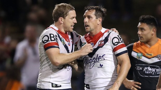Now or never: Mitchell Pearce, right, with Mitchell Aubusson after a try. 