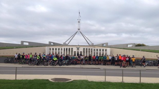 More than 100 Canberrans rode from Braddon to Parliament House in tribute to Mark Hall on Sunday morning.