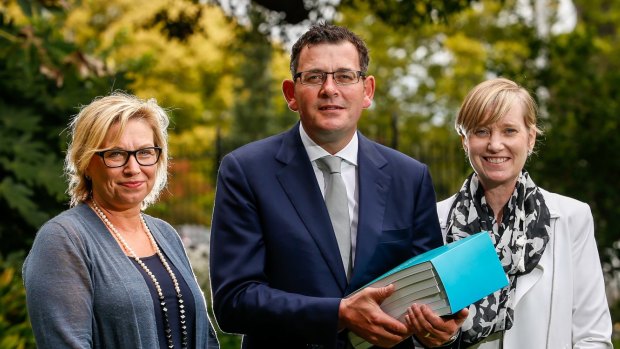 Premier Daniel Andrews with Rosie Batty and Fiona Richardson in March 2016.