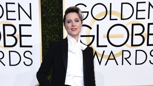 Evan Rachel Wood arrives in a suit to the 74th annual Golden Globe Awards