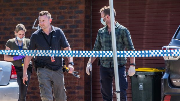 Police at the accused man's family home in Werribee on Tuesday.