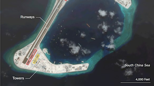 Runways and a control tower on one of the islands in the South China Sea.