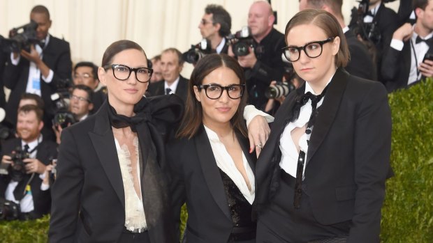 Lena Dunham attends the Met Gala with Jenna Lyons and Jennifer Konner. 